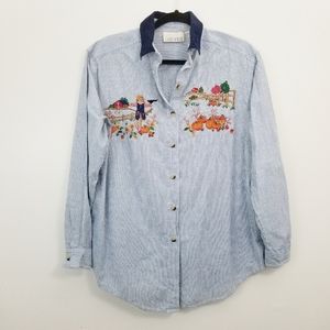Vintage Casey & Max 90s Autumn Fall Pumpkin Scarecrow Button Down Corduroy Top